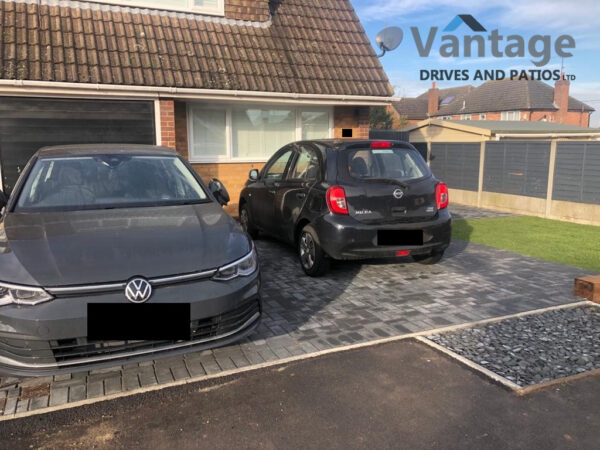 Paved Driveway with New Lawn and Treated Sleepers in Great Baddow