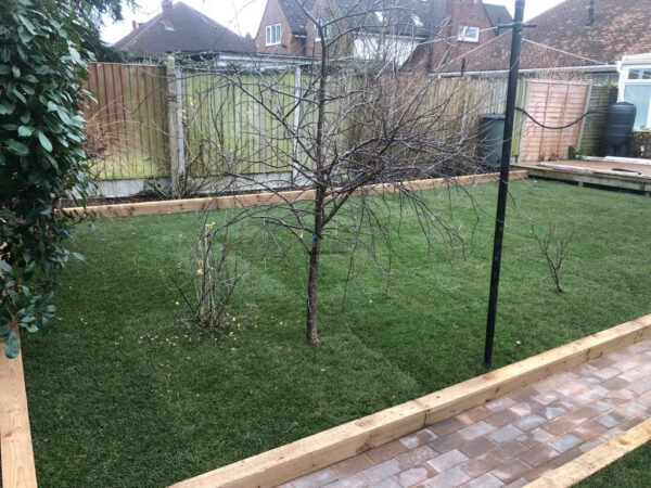 Bracken Block Paved Driveway and Patio with Yorkshire Turf in Chelmsford