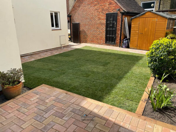 Block Paved Patio with Yorkshire Turf in Ongar, Essex