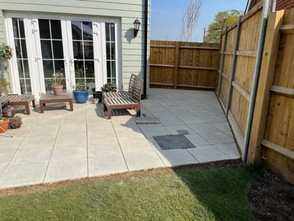 Slabbed Patio Extension with Curved Pathway in Chelmsford, Essex
