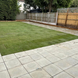 Patio with Grey Riven Slabs and New Lawn in Chelmsford