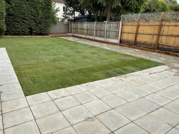 Patio with Grey Riven Slabs and New Lawn in Chelmsford