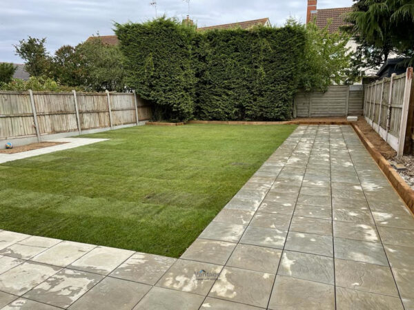 Patio with Grey Riven Slabs and New Lawn in Chelmsford (9)