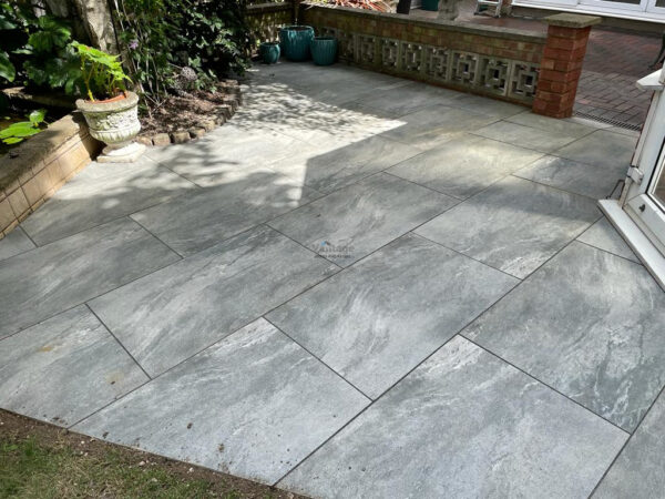 Patio with Mercury Grey Porcelain Tiles in Chelmsford, Essex