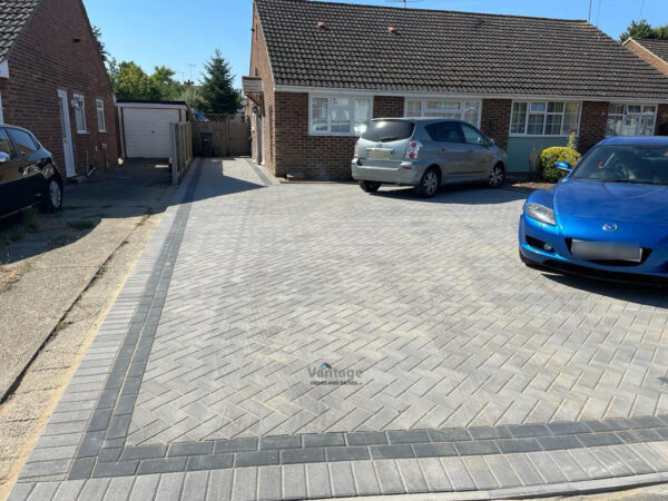 Ash Block Paved Driveway with Charcoal Staggered Border and Sleeper Edging in Braintree, Essex (6)