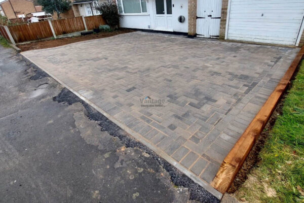 Driveway with Ash Block Paving and Treated Sleepers in Maldon,…